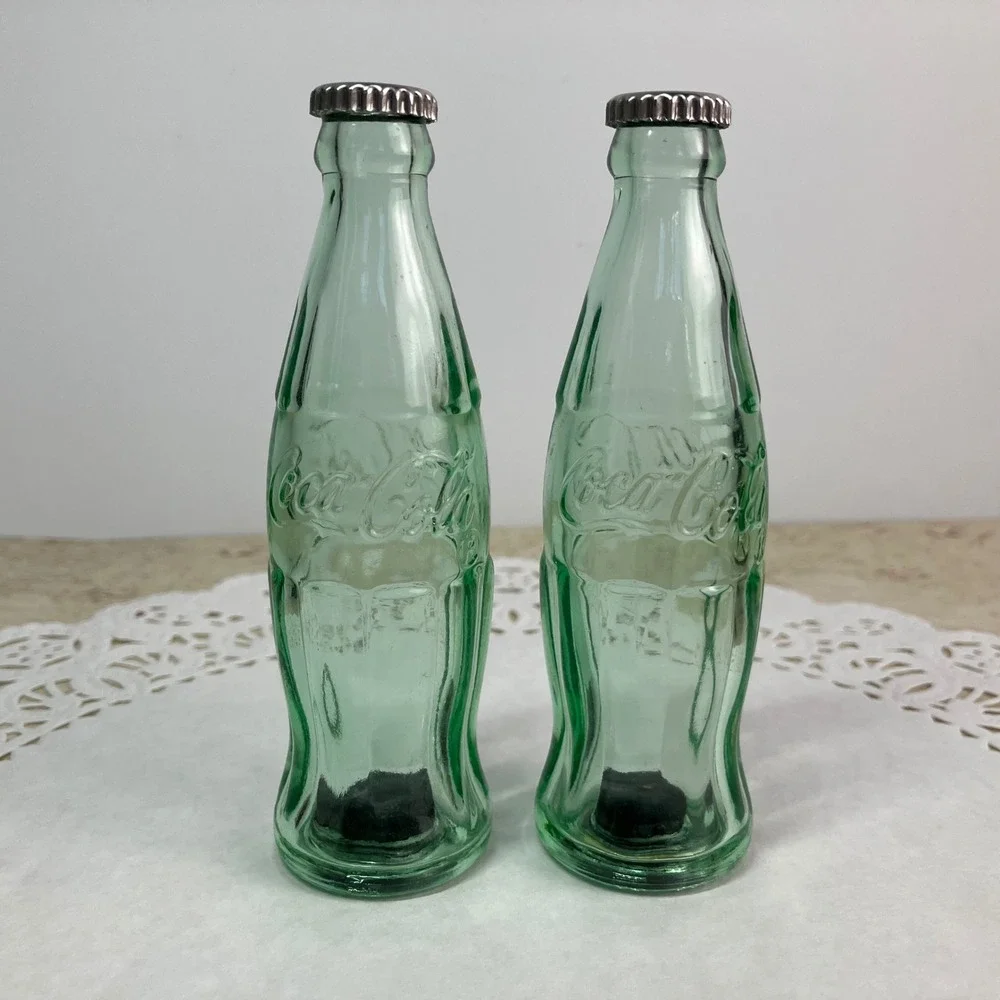 Coca-Cola Salt and Pepper Shakers Glass Bottle Set 4.5in Green New Old Stock